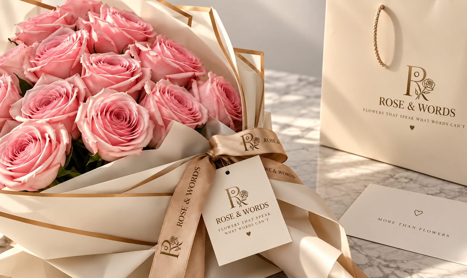 Rose & Words boeket met merklint, kaartje en luxe verpakking