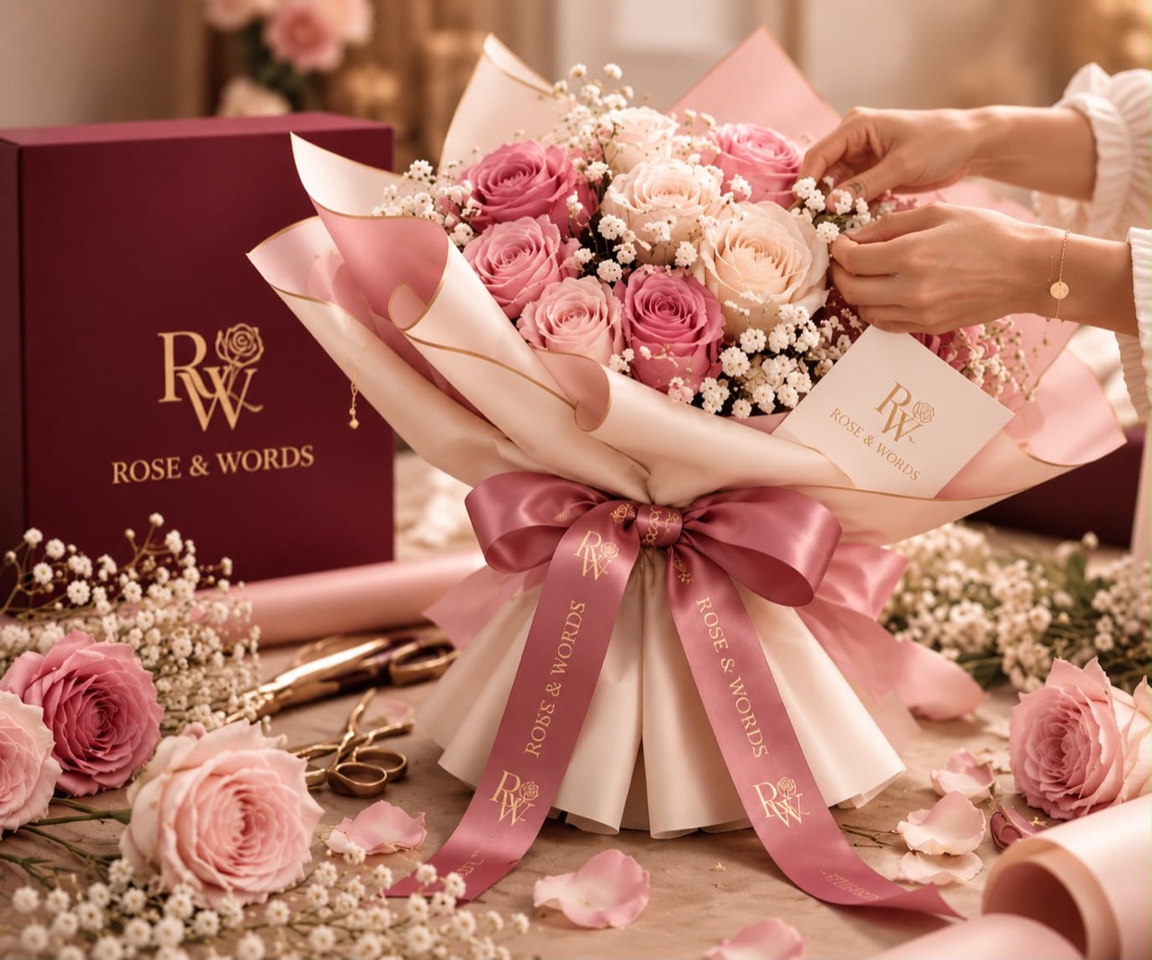 Rose & Words boeket dat met zorg wordt samengesteld