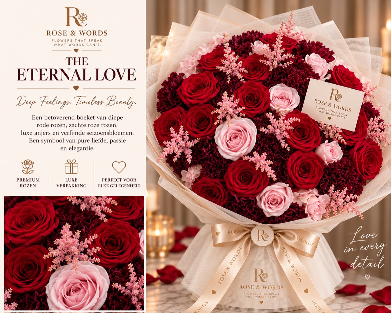 Rose & Words The Eternal Love boeket met diepe rode en zachte roze bloemen