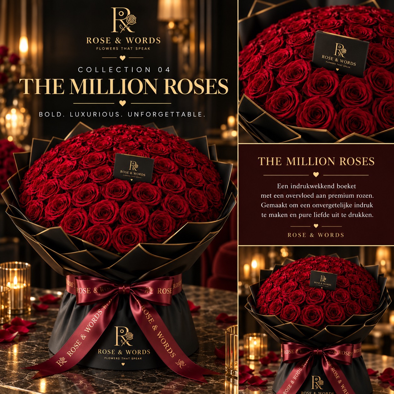 Rose & Words The Million Roses met rode rozen en zwarte luxe verpakking