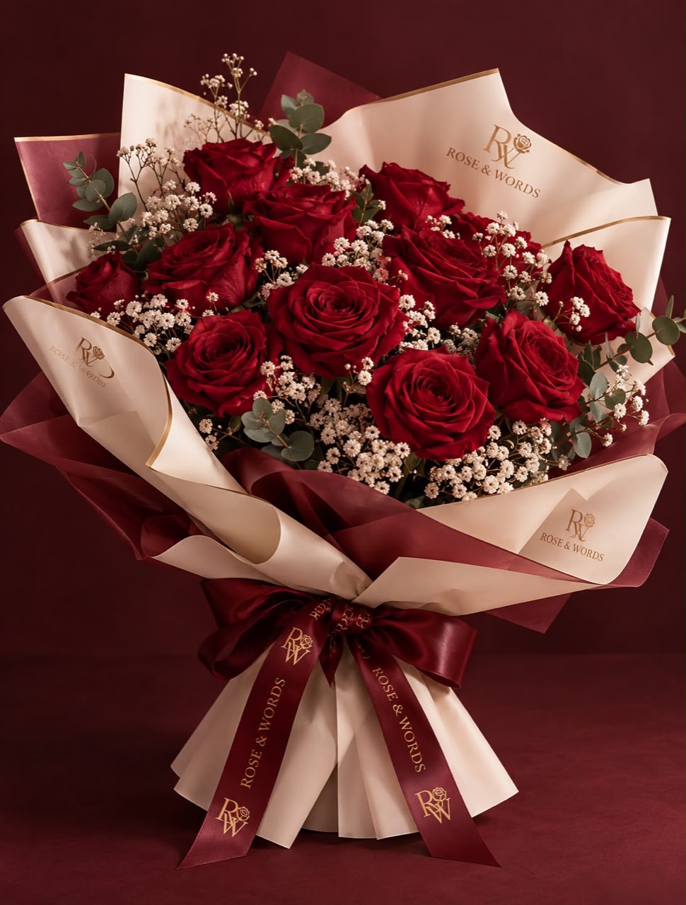 Luxe Noir Rouge boeket met dieprode rozen en bordeauxkleurig lint