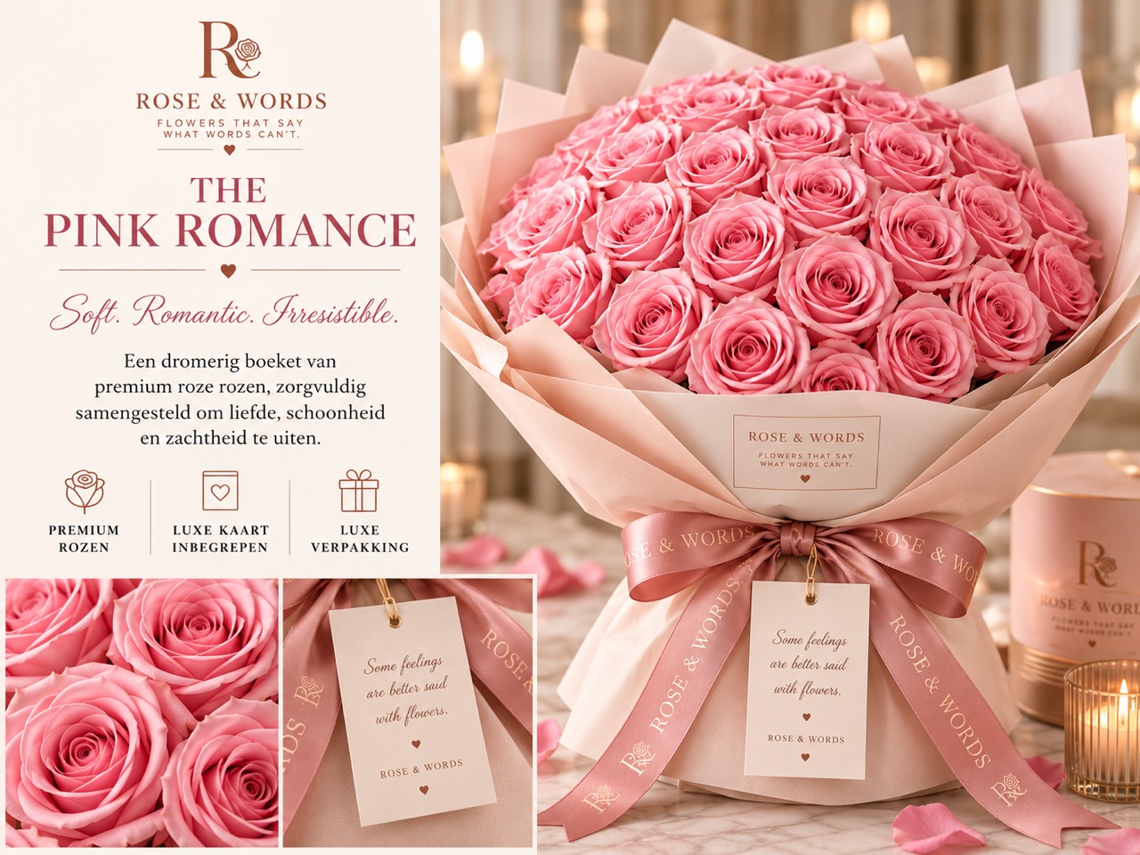 Rose & Words The Pink Romance boeket met premium roze rozen