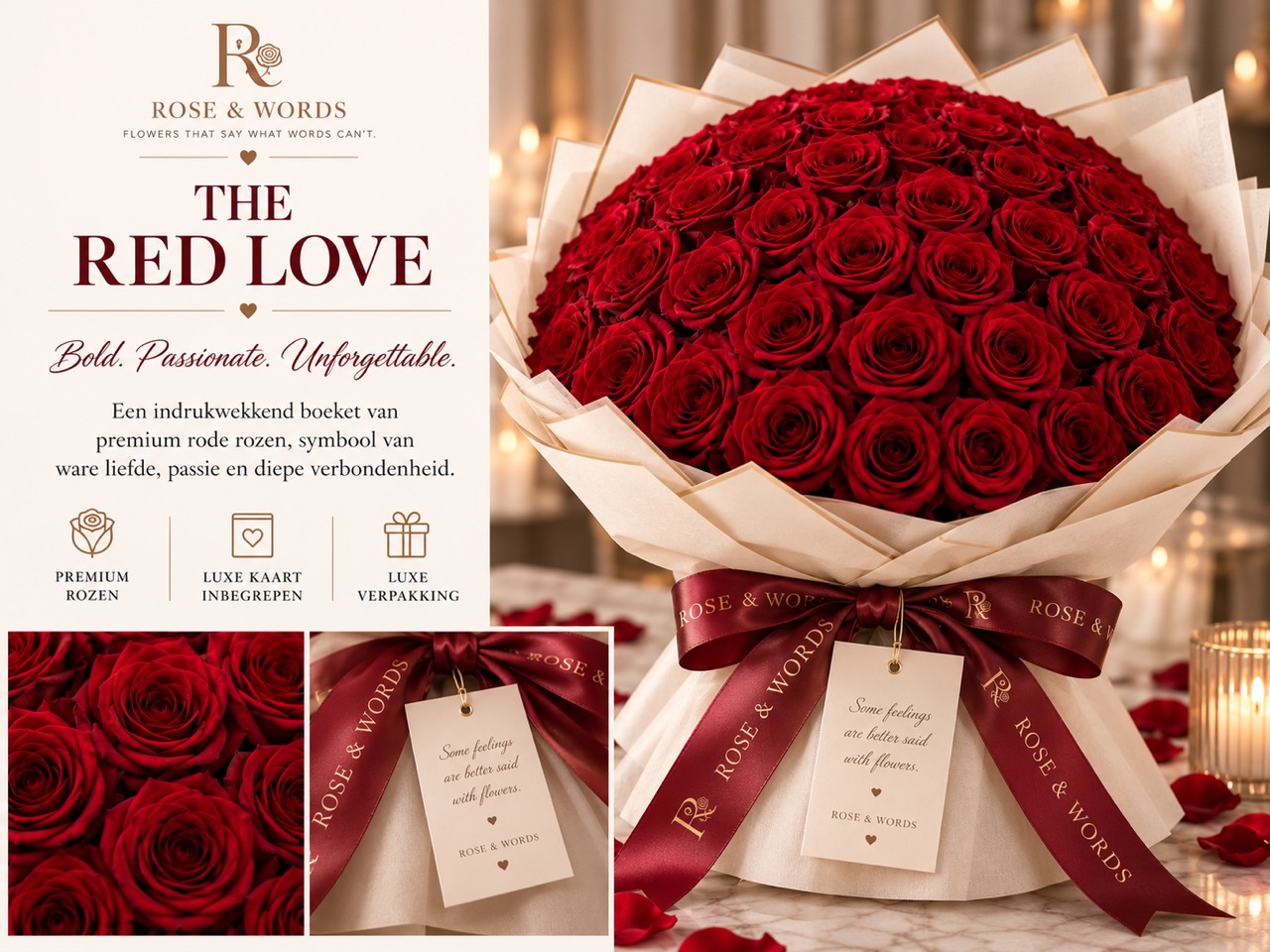Rose & Words The Red Love boeket met premium rode rozen