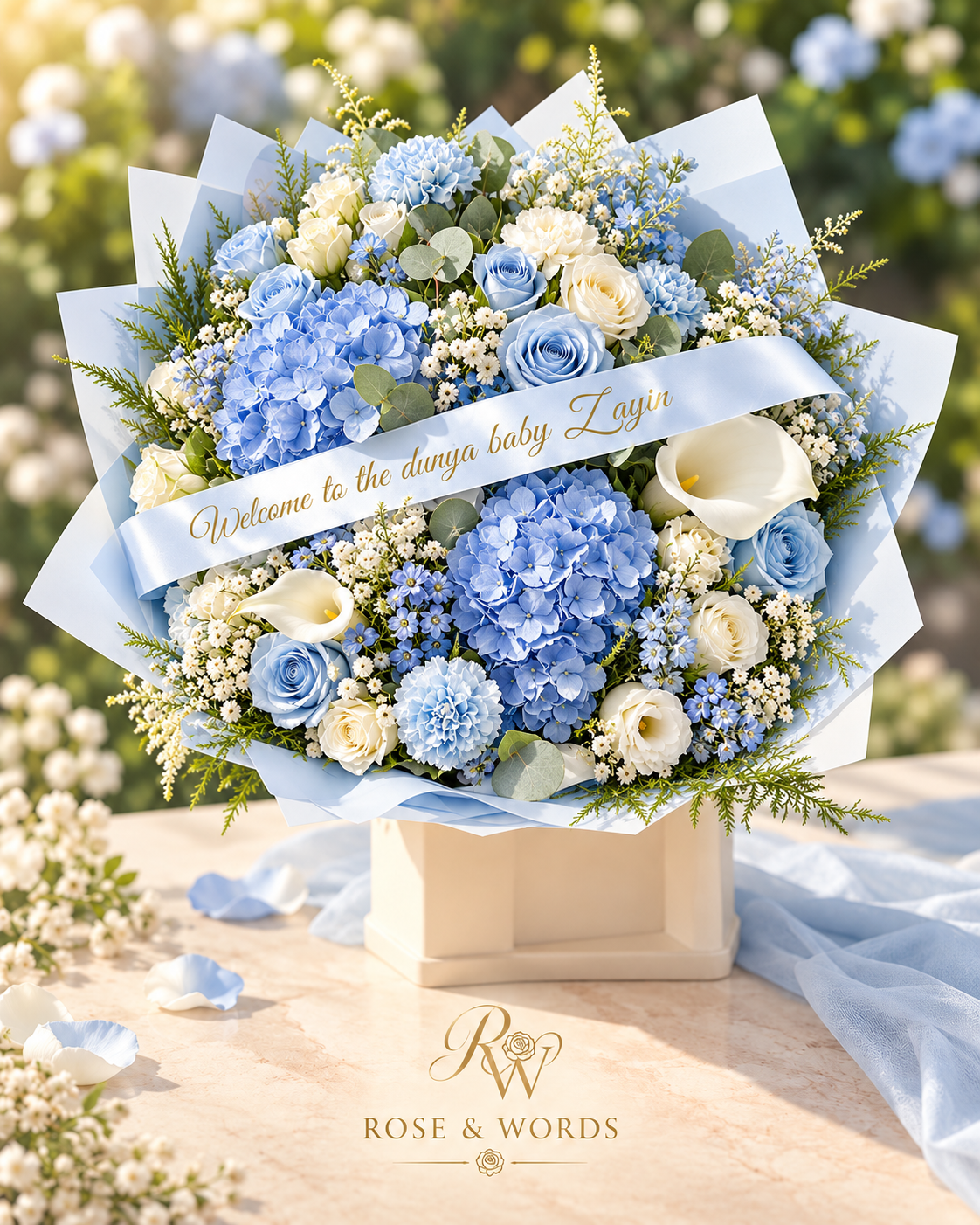 Luxe blauw en ivoorkleurig Rose & Words geboorte-boeket met persoonlijk lint voor baby Layin