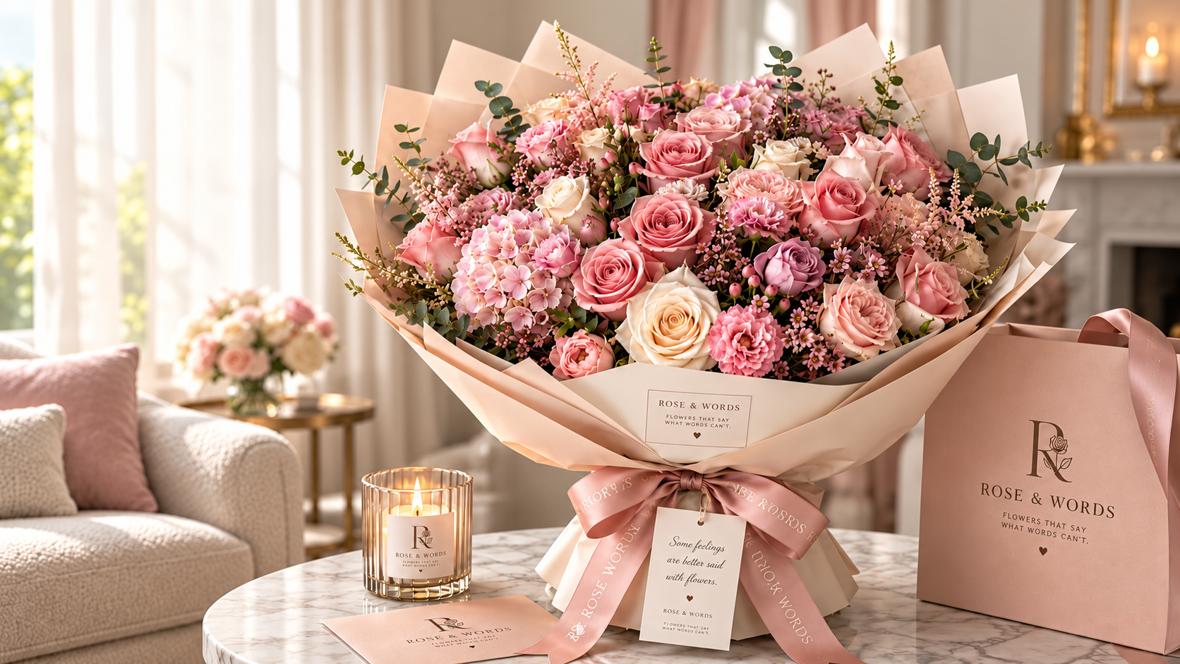 The Rose Signature: een royaal blush- en ivoorkleurig boeket met Rose & Words lint en cadeauverpakking